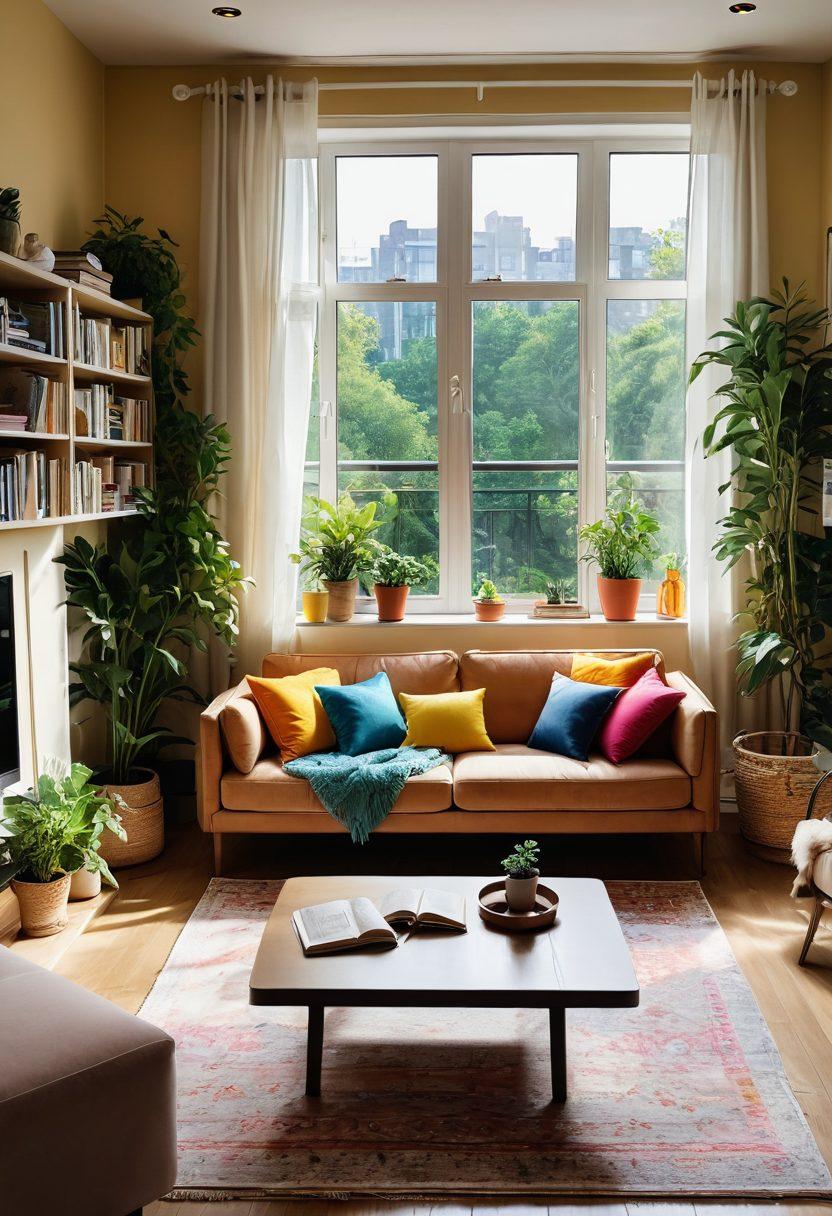 A cozy, inviting apartment interior filled with natural light. Include a comfy sofa with colorful cushions, a coffee table adorned with books and plants, and a warm rug. Show large windows with a view of greenery outside, emphasizing comfort and joy in living. Use a cheerful color palette to evoke happiness and peaceful vibes. super-realistic. vibrant colors. soft lighting.