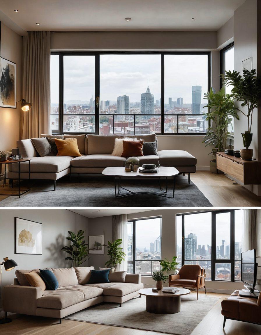 A split image showcasing two contrasting apartment interiors: one side featuring a cozy, budget-friendly studio with minimal decor and warm lighting, and the other side revealing an opulent, luxurious penthouse with modern furnishings and city views. Include elements like plants and artwork for warmth in the budget side, and high-end finishes and sleek designs in the luxury side. Capture the essence of both lifestyles seamlessly. vibrant colors. super-realistic.